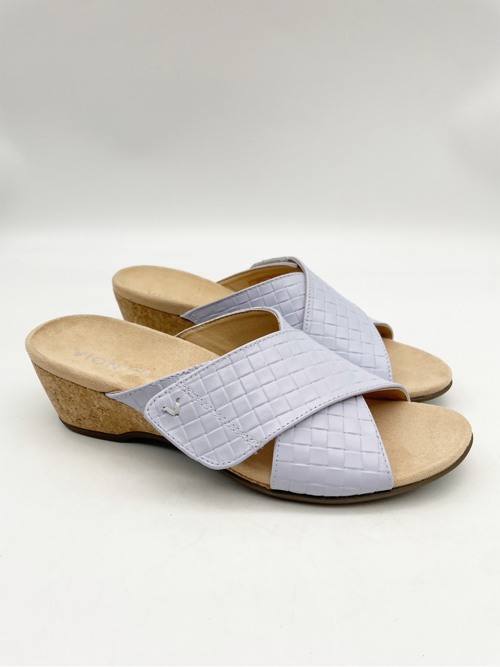 Vionic Light Lavender Woven Cork Wedge Slide Mules